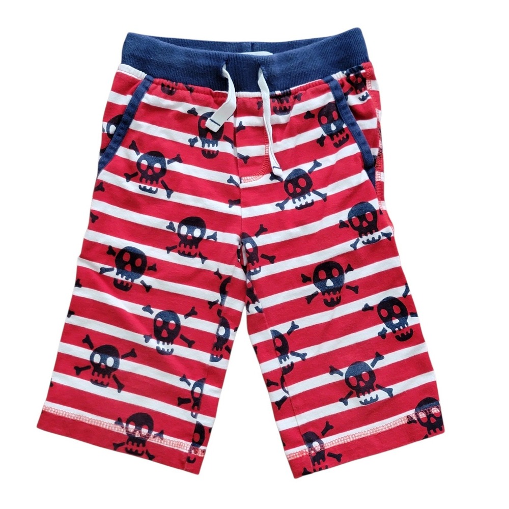 Mini Boden Boys Red and White Stripe Shorts Blue Skulls Drawstring Waist 5Y